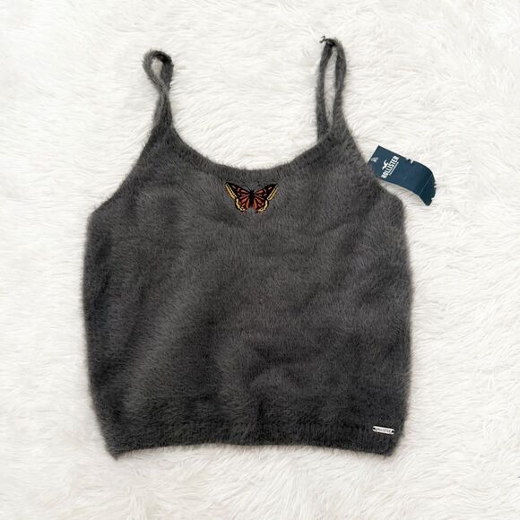 Hollister Tops - Women Hollister Fuzzy Tank Top with Butterfly Accent in Charcoal Size Medium